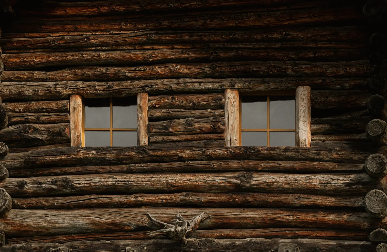 Vista dettagliata facciata casa di tronchi stagionata con finestre a battenti, tradizionale costruzione in legno Funes