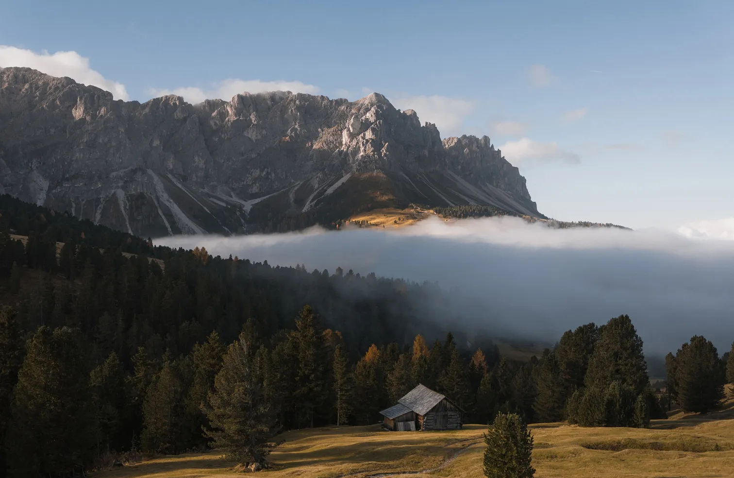 Mattina autunnale con fascia di nebbia davanti al gruppo delle Odle – baita in legno su prato alpino circondata da larici a Funes