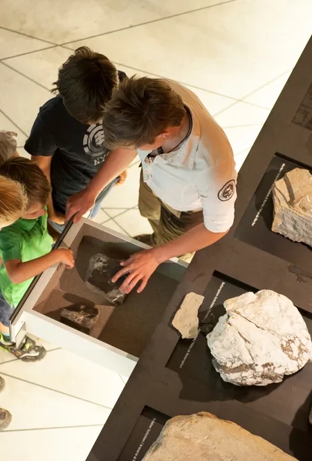 Bambini scoprono con un operatore del parco naturale la collezione di rocce nella casa del Parco Naturale Puez-Odle a Funes