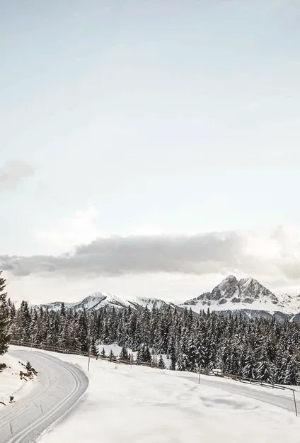 Verschneite Bergstraße mit Kurve durch Fichtenwald mit Panoramablick auf schneebedeckte Dolomitengipfel bei winterlichem Licht