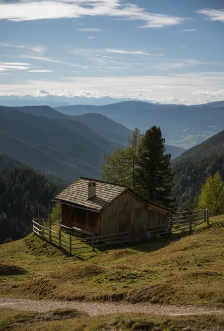 Rustikale Almhütte mit Holzschindeldach und Stangenzaun auf Südtiroler Almwiese mit Blick ins dunstblaue Bergpanorama im Herbst