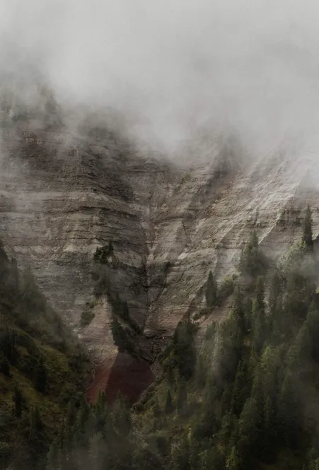 Parete rocciosa dolomitica avvolta nella nebbia con strati rocciosi visibili e conifere nei monti di Funes