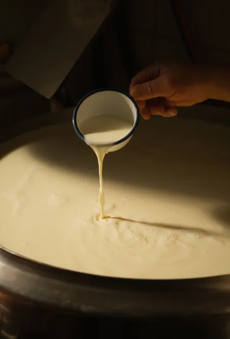 Hand gießt frische Milch aus einem Emaillebecher in einen großen Kupferkessel bei der Käseherstellung