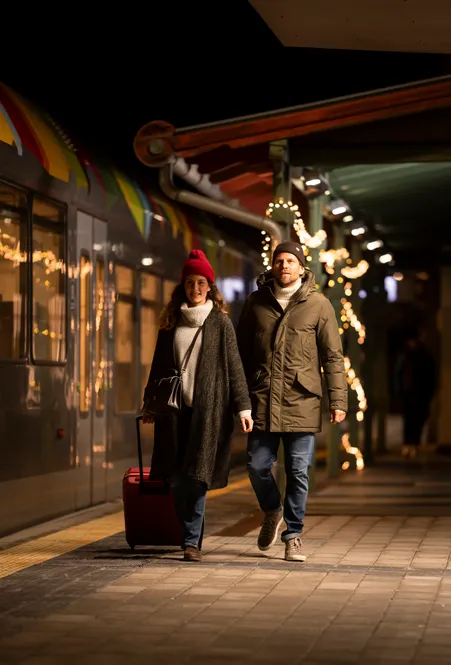 Couple enjoys train journey through winter South Tyrolean landscape to Villnöß-Luson with view of the Dolomites