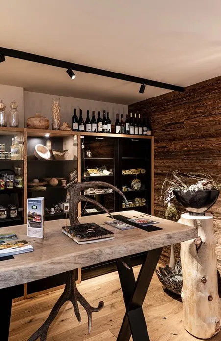 Farm shop with regional products on wooden shelves