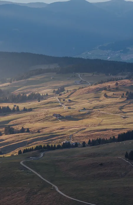 Vasta malga con prati autunnali, masi sparsi e sentieri nella luce serale, vista sull'Alpe di Luson in Alto Adige