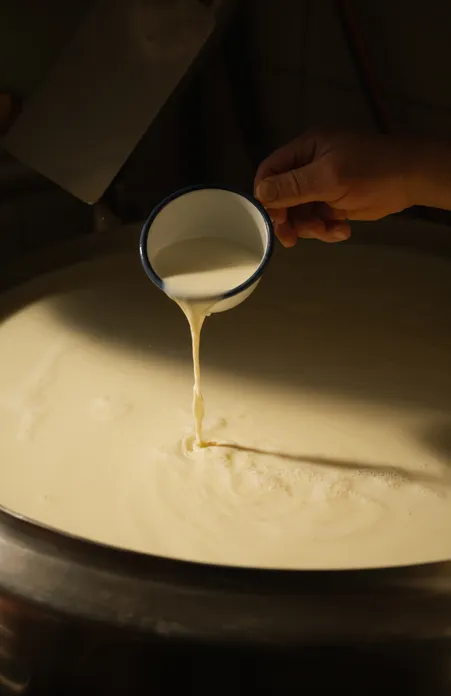 Hand pours fresh milk from enamel mug into large copper kettle during cheese production