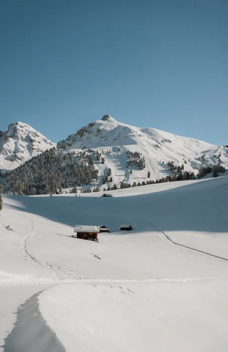 Deeply snow-covered alpine landscape with wooden huts and ski touring tracks in front of sun-kissed Luson peaks under blue sky